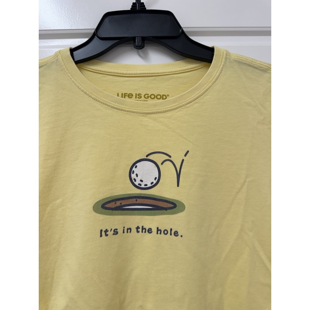Medium Women Life Is Good Crusher Yellow Tshirt Golf It’s In The Hole EUC A6